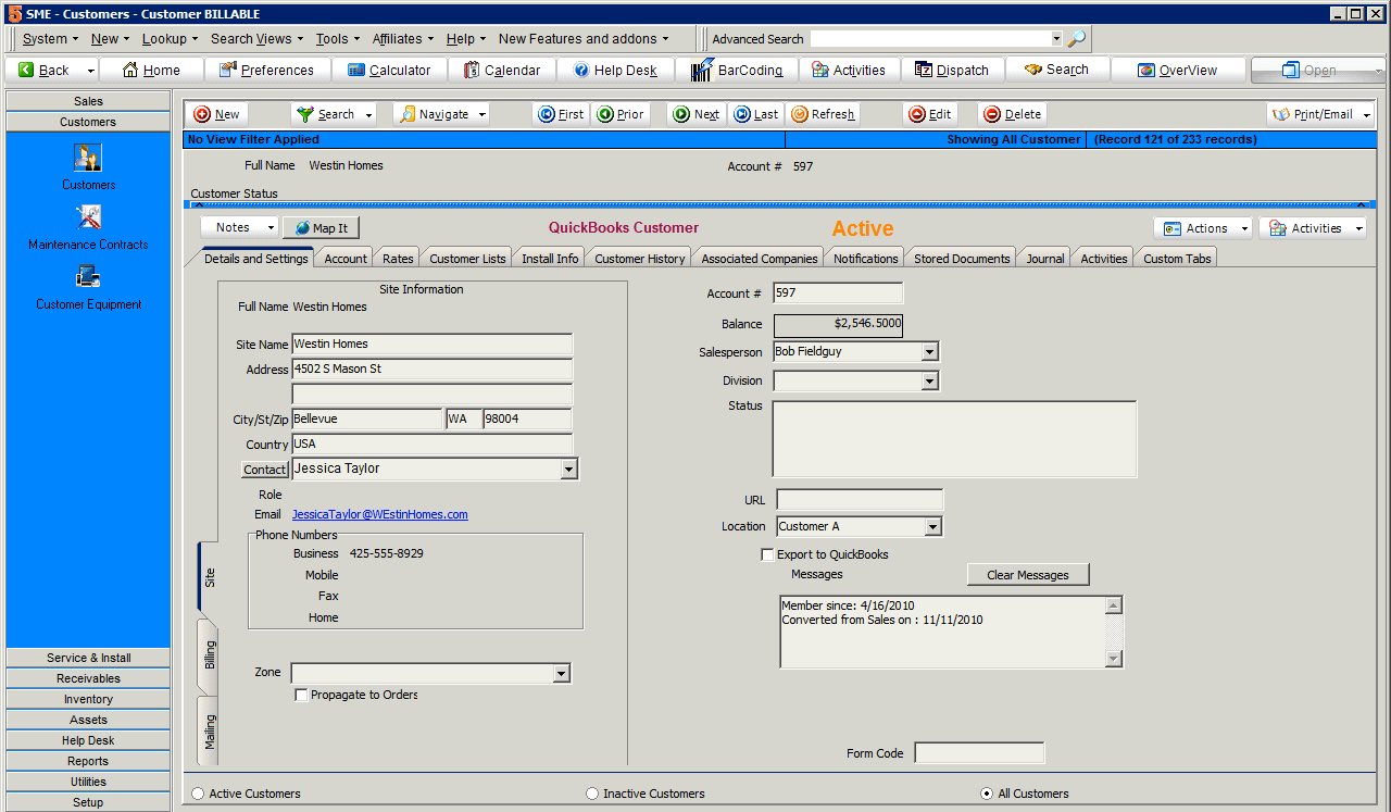 High 5 Software SME Customer Contracts Details and Settings Sample Screenshot